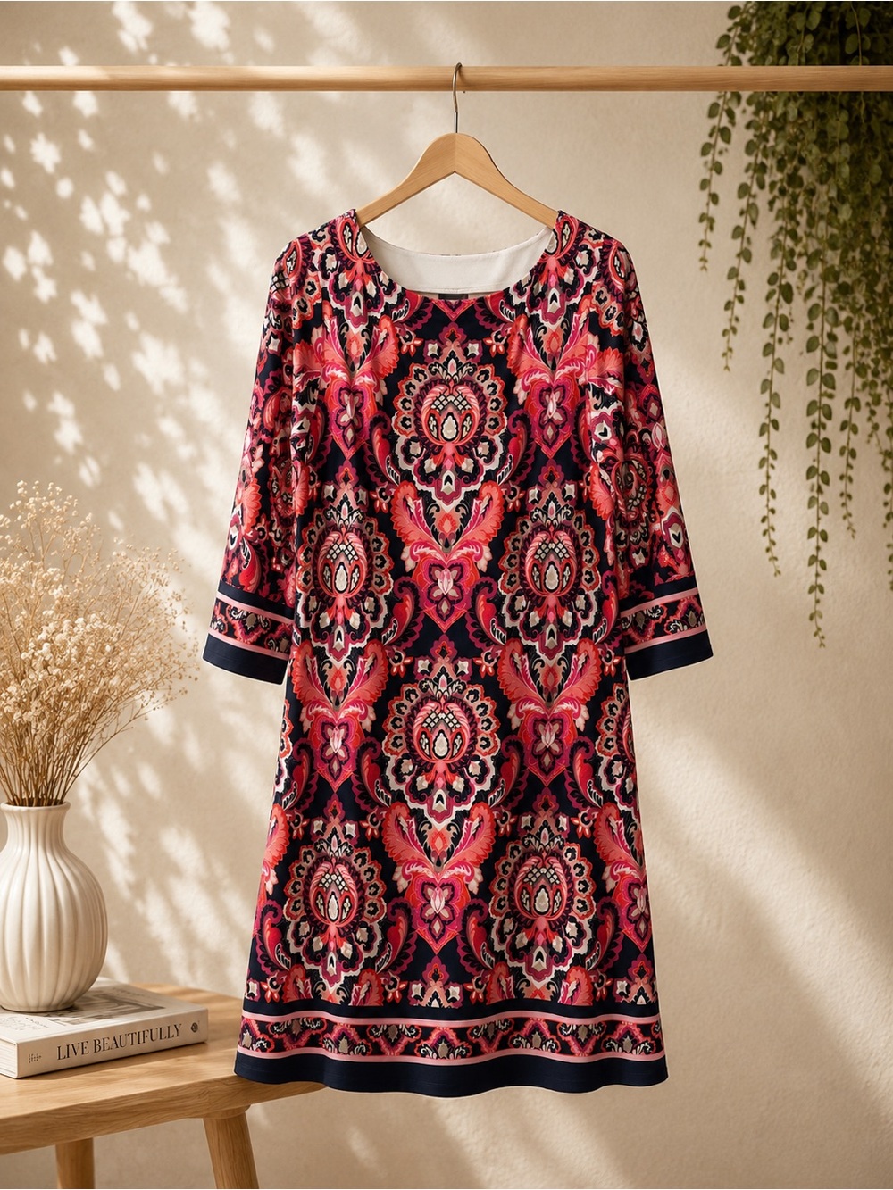 JH Design| Paisley-Print Midi Dress with Three-Quarter Sleeves| XL| Pink & Navy